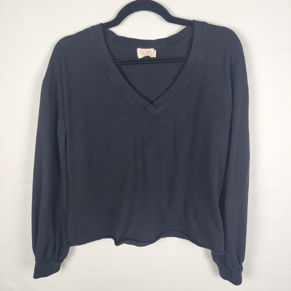 Nation LTD Black Cotton V-Neck Balloon Sleeve Raw Hem Top Small RN 150751